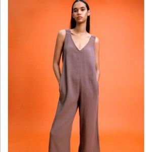 Zara Mauve Sleeveless V-Neck 100% Cotton Gauze Wide-Leg Jumpsuit